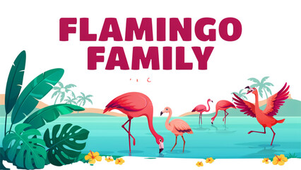 Naklejka premium Colorful flamingo family illustration with tropical plants and palm trees Vector