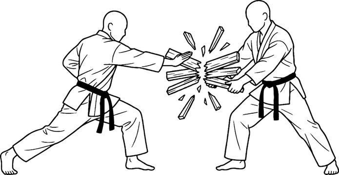 Two martial artists performing powerful block technique.