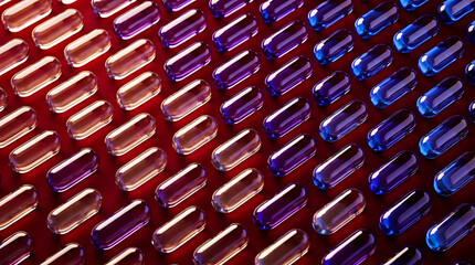 Fototapeta premium Abstract background featuring multiple rows of glowing blue and purple translucent medicine