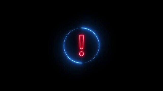 Neon Exclamation mark in circle icon background. Glowing neon hazard warning icon. motion graphic of warning concept. 4k video