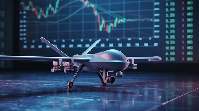 Military surveillance drone model positioned in front of a digital screen displaying fluctuating financial stock charts