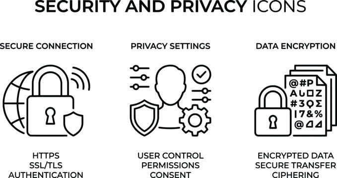 Digital security and privacy icons showing data encryption secure connection and user control during online communication