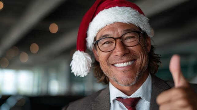 A confident man in a Santa hat flashes a thumbs-up while dressed in a suit, embodying the festive spirit of Christmas and joy in a modern business environment.