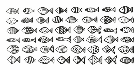 Collection Of Hand drawn Fish Doodles Black And White Vector Illustration © ShibuProsad