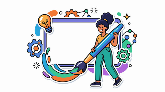A young woman with a large paintbrush and colorful design elements