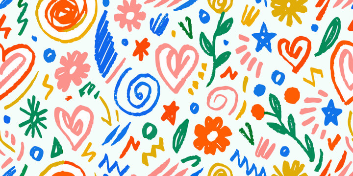 Colorful Hand Drawn Floral Ornament Pattern On White Background