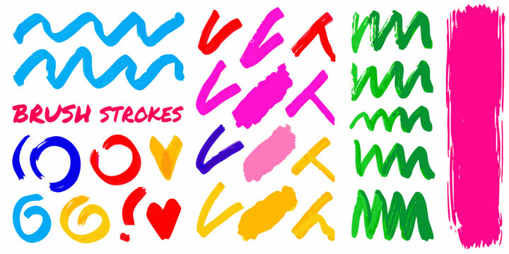 Colorful brush strokes collection painted texture on a white background