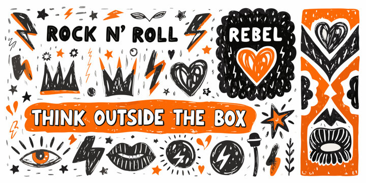 Punk rock doodle pattern with lightning bolts and rebellious text on white