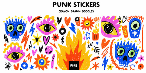 Punk rock sticker collection crayon drawn doodles on a white background © ShibuProsad