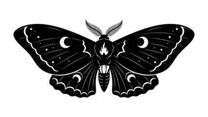 Celestial Moth Illustration: A striking black moth design adorned with crescent moons and scattered stars, symbolizing mystery and the night sky. © hasem