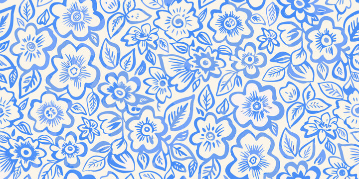 Blue floral ornament a repeating pattern with sketched flower shapes