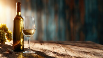 Obraz premium A captivating composition featuring a glass of white wine beside a bottle and grapes, elegantly displayed in warm sunlight, evoking a sense of relaxation and indulgence.