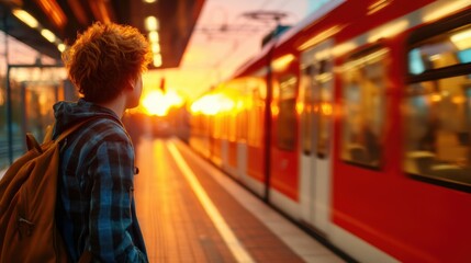 Obraz premium A young man stands at the train station, gazing towards the setting sun, with a transportation theme and a sense of anticipation and reflection on the journey ahead.
