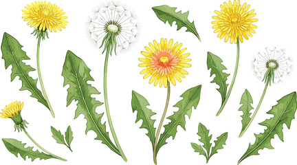 Fototapeta premium Watercolor Style Dandelion Botanical Vector Set with Yellow Flowers, Fluffy Seed Heads, and Green Leaves Isolated on a White Background
