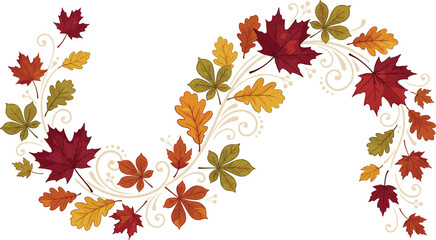 Elegant Autumn Foliage Wave Border Vector Graphic with Colorful Fall Leaves and Decorative Flourishes for Seasonal Greetings, Invitations, and Thanksgiving Designs © MdMizanur
