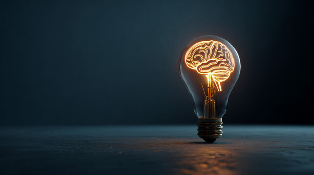 Brain Shaped Lightbulb Glowing in Dark Room Creative Thinking Concept