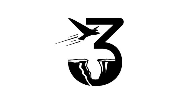 Black and white stylized number three with bird and crack design.