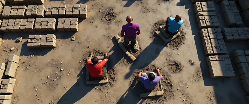 Four men sitting in square pits in arid environment with bricks.