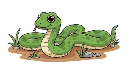 Fototapeta premium A green snake with brown spots and a beige underbelly lies on brown dirt with grass and rocks