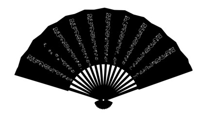 Ornate Black Folding Fan: An elegant black folding fan, intricately decorated with Asian calligraphy, stands open, showcasing its delicate craftsmanship and cultural heritage. © Mf