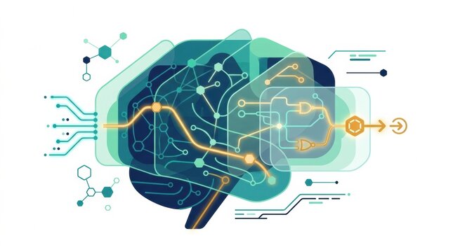 Design shows a brain with circuit patterns and connections, illustrating ideas around AI governance and ethics in technology discussions.