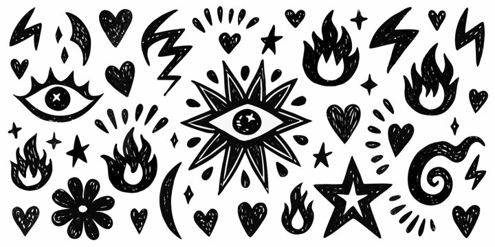 Occult themed vector illustration with eyes stars and flame shapes