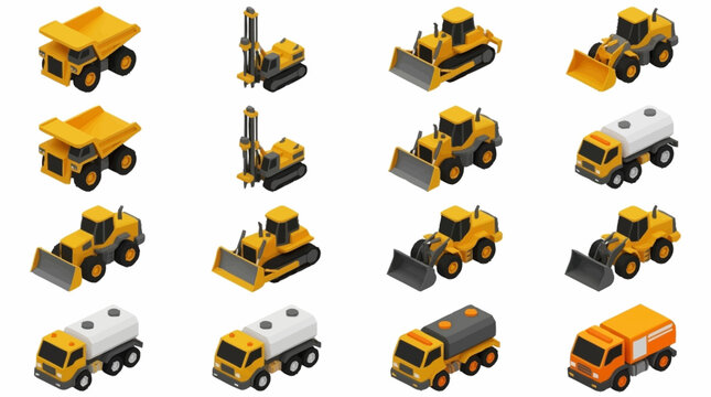 Collection of yellow construction vehicles in isometric view.