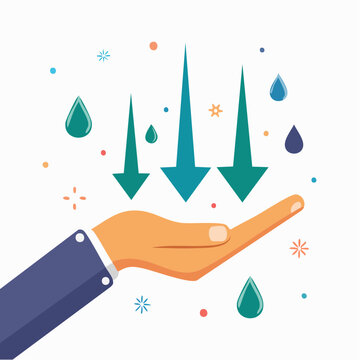 Hand holding down arrows and water drops