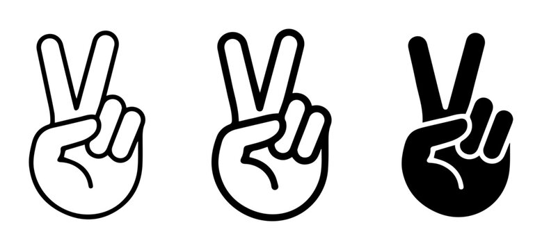 Peace Sign Icons, Victory Hand Gestures, V Symbol, Black and White Graphics