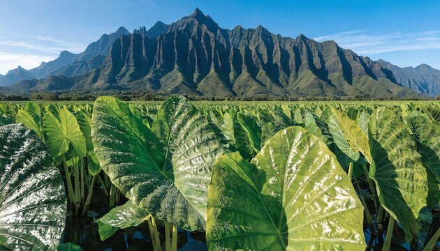 Lush Green Taro Fields Beneath the Majestic Peaks of the Kauai Mountain Range in Hawaii