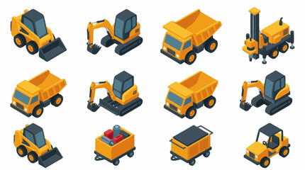 Collection of colorful construction vehicles in isometric style. © Mas