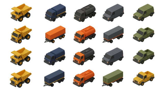 Collection of colorful toy trucks in various styles.