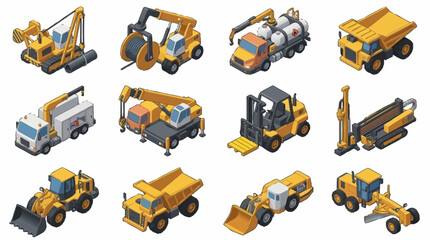Collection of yellow construction vehicles and heavy machinery. © Mas