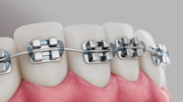 3D orthodontic animation of metal braces correcting tooth alignment and improving dental occlusion.