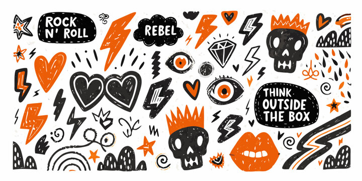 Punk Rock Doodle Pattern With Skulls Hearts And Lightning Bolts