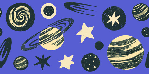 Space Planets And Stars Vector Illustration With Textured Brushstrokes © Suvro