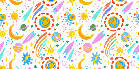 Cosmic Doodle Pattern With Planets Stars And Celestial Bodies © Suvro