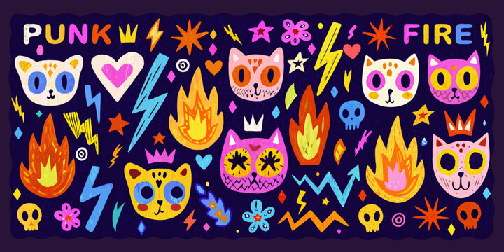 Punk doodle collection featuring cats hearts and flames on dark background