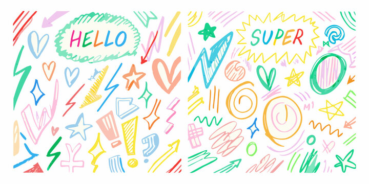 Colorful doodle explosion pattern with handwritten text and abstract shapes