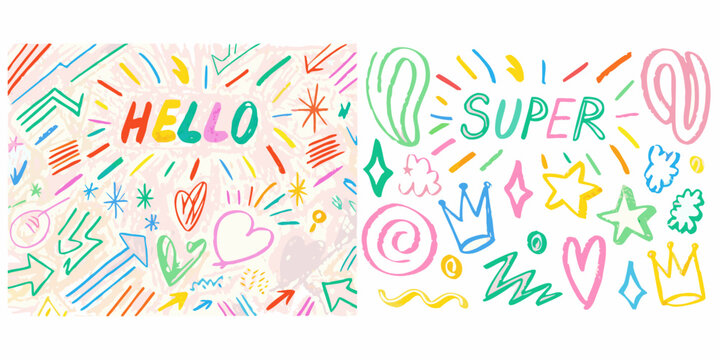 Colorful doodle explosion pattern with handwritten words and abstract shapes