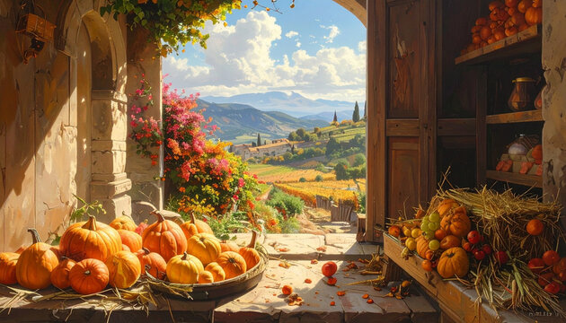 Autumn Harvest in Rustic Tuscany with Scenic Vineyard View