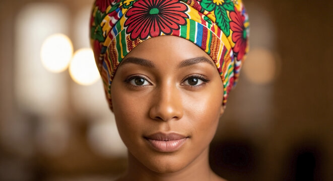 Confident African American woman in vibrant traditional African headwrap for diversity campaigns, cultural beauty blogs, modern African fashion, and empowered natural beauty awareness.