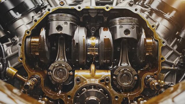 Close up view of engine pistons with oil splashing inside a powerful car motor system