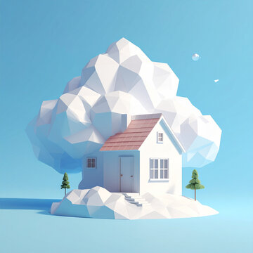 Minimalist 3D Low Poly House with Large Cloud on Blue Background
