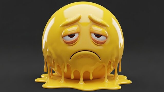 A sad, melting yellow emoticon with a frowning face and drips on a dark background