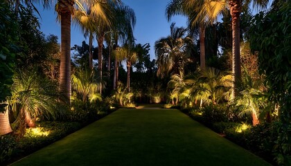 Fototapeta premium Illuminated tropical garden pathway at twilight with palm trees and lush foliage.