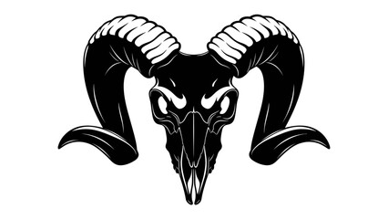 Ram Skull Illustration: A striking black illustration of a ram's skull featuring intricate details of horns and facial features, conveying a powerful and somewhat ominous aesthetic. © hasem