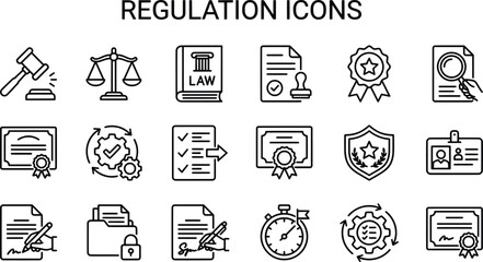 Fototapeta premium Regulation icons with gavel justice scales law book stamp certificate shield and ID card for legal services
