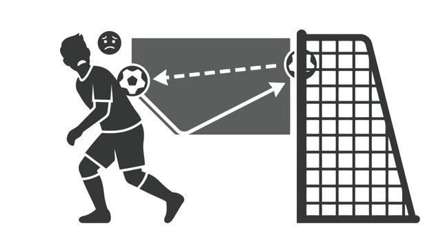 Soccer player missing goal with diagram showing ball trajectory vector illustration