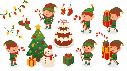 Fototapeta premium Cute Cartoon Christmas Elves with Gifts, Candy Canes, Snowman, Tree, Cake and Lights, Festive Holiday Elements Collection, Flat Vector Illustration